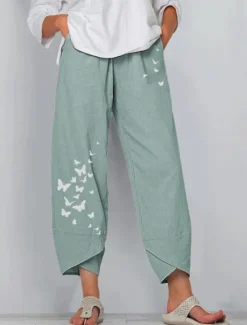 New Women's Normal Cotton Linen Pants Pants Trousers Capri shorts Chino Ankle-Length High Waist Butterfly Baggy Print Breathable Soft Outdoor Inelastic Casual Going out Black / Red Light Green Grey Women Pants
