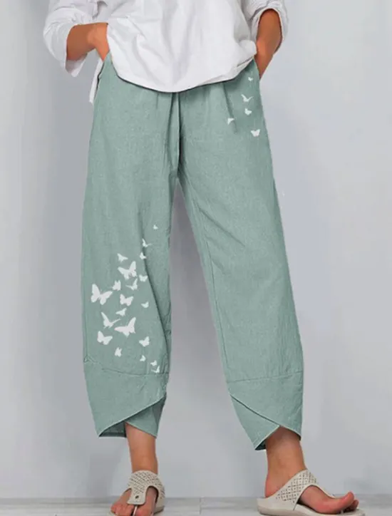 New Women's Normal Cotton Linen Pants Pants Trousers Capri shorts Chino Ankle-Length High Waist Butterfly Baggy Print Breathable Soft Outdoor Inelastic Casual Going out Black / Red Light Green Grey Women Pants