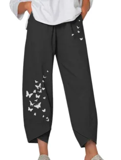 New Women's Normal Cotton Linen Pants Pants Trousers Capri shorts Chino Ankle-Length High Waist Butterfly Baggy Print Breathable Soft Outdoor Inelastic Casual Going out Black / Red Light Green Grey Women Pants