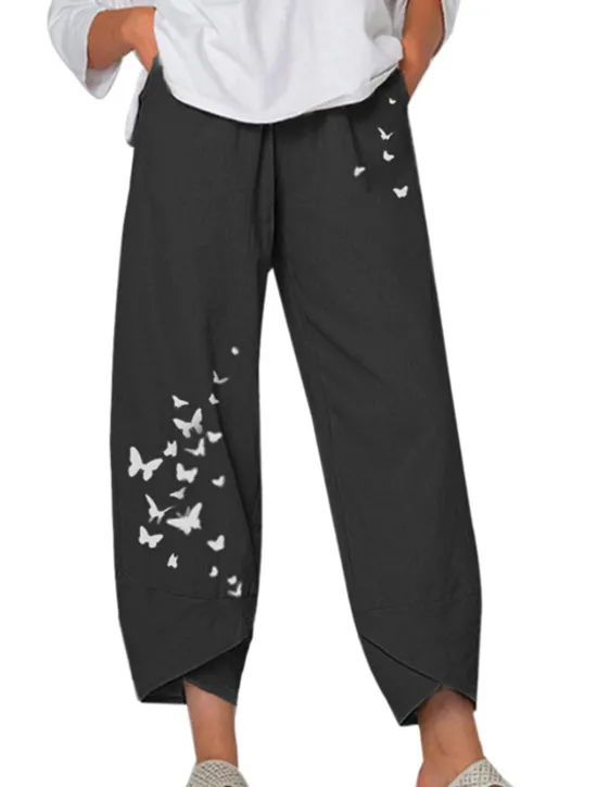 New Women's Normal Cotton Linen Pants Pants Trousers Capri shorts Chino Ankle-Length High Waist Butterfly Baggy Print Breathable Soft Outdoor Inelastic Casual Going out Black / Red Light Green Grey Women Pants
