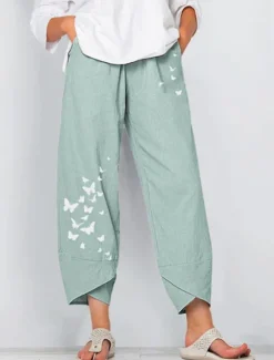 New Women's Normal Cotton Linen Pants Pants Trousers Capri shorts Chino Ankle-Length High Waist Butterfly Baggy Print Breathable Soft Outdoor Inelastic Casual Going out Black / Red Light Green Grey Women Pants