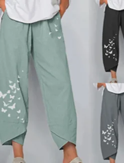 New Women's Normal Cotton Linen Pants Pants Trousers Capri shorts Chino Ankle-Length High Waist Butterfly Baggy Print Breathable Soft Outdoor Inelastic Casual Going out Black / Red Light Green Grey Women Pants
