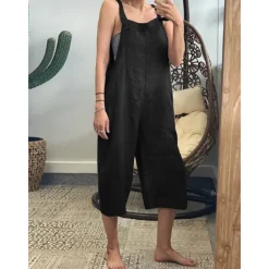 New Women's Normal Cotton Linen Pants Dungarees Slacks Overalls Classic Style Calf-Length Mid Waist Plain Baggy Inelastic Going out Black Yellow Army Green Red Summer Spring & Fall Loose Fit Women Pants