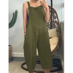 New Women's Normal Cotton Linen Pants Dungarees Slacks Overalls Classic Style Calf-Length Mid Waist Plain Baggy Inelastic Going out Black Yellow Army Green Red Summer Spring & Fall Loose Fit Women Pants