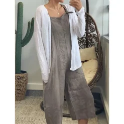 New Women's Normal Cotton Linen Pants Dungarees Slacks Overalls Classic Style Calf-Length Mid Waist Plain Baggy Inelastic Going out Black Yellow Army Green Red Summer Spring & Fall Loose Fit Women Pants