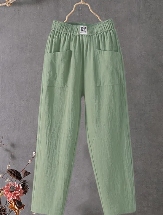 Women's Normal Cotton Linen Pants Chinos Baggy Pants Solid Comfort Ankle-Length Mid Waist Side Pockets Elastic Waist Baggy Comfort Micro-elastic Casual Daily Black White Red Green Summer Spring Fall Women Pants