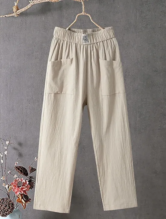 Women's Normal Cotton Linen Pants Chinos Baggy Pants Solid Comfort Ankle-Length Mid Waist Side Pockets Elastic Waist Baggy Comfort Micro-elastic Casual Daily Black White Red Green Summer Spring Fall Women Pants