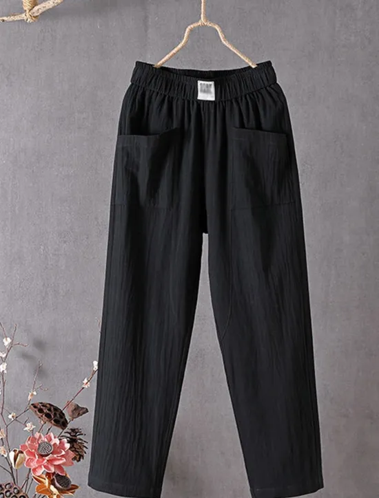 Women's Normal Cotton Linen Pants Chinos Baggy Pants Solid Comfort Ankle-Length Mid Waist Side Pockets Elastic Waist Baggy Comfort Micro-elastic Casual Daily Black White Red Green Summer Spring Fall Women Pants