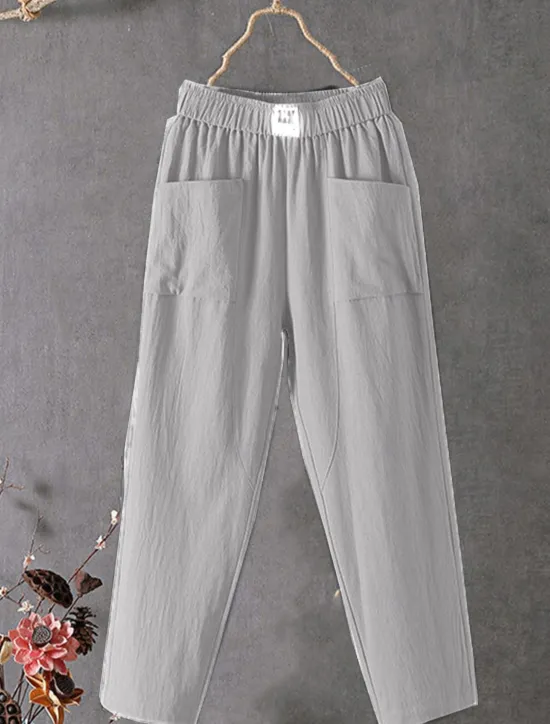 Women's Normal Cotton Linen Pants Chinos Baggy Pants Solid Comfort Ankle-Length Mid Waist Side Pockets Elastic Waist Baggy Comfort Micro-elastic Casual Daily Black White Red Green Summer Spring Fall Women Pants