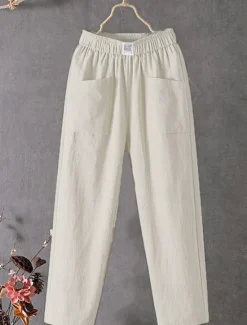 Women's Normal Cotton Linen Pants Chinos Baggy Pants Solid Comfort Ankle-Length Mid Waist Side Pockets Elastic Waist Baggy Comfort Micro-elastic Casual Daily Black White Red Green Summer Spring Fall Women Pants