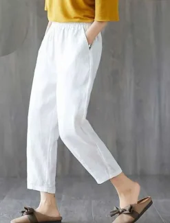 Sale Women's Normal Cotton Linen Pants Chinos Pants Trousers Fashion Ankle-Length Mid Waist Plain Side Pockets Baggy Comfort Micro-elastic Work Casual Weekend Black-White Black+Grey Black White Summer Women Pants