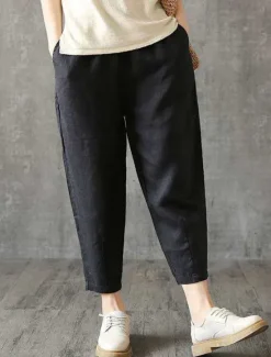 Sale Women's Normal Cotton Linen Pants Chinos Pants Trousers Fashion Ankle-Length Mid Waist Plain Side Pockets Baggy Comfort Micro-elastic Work Casual Weekend Black-White Black+Grey Black White Summer Women Pants