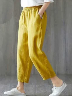 Sale Women's Normal Cotton Linen Pants Chinos Pants Trousers Fashion Ankle-Length Mid Waist Plain Side Pockets Baggy Comfort Micro-elastic Work Casual Weekend Black-White Black+Grey Black White Summer Women Pants
