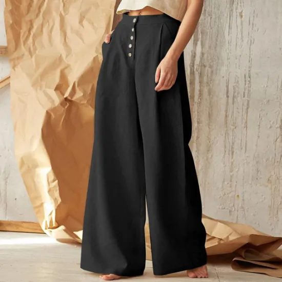 Best Women's Normal Culottes Wide Leg Wide Leg Cotton Linen Pants Fashion Full Length Mid Waist Plain Side Pockets Wide Leg Baggy Comfort Inelastic Casual Weekend Black Green Khaki Summer Spring & Fall Women Pants