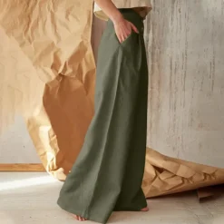 Best Women's Normal Culottes Wide Leg Wide Leg Cotton Linen Pants Fashion Full Length Mid Waist Plain Side Pockets Wide Leg Baggy Comfort Inelastic Casual Weekend Black Green Khaki Summer Spring & Fall Women Pants