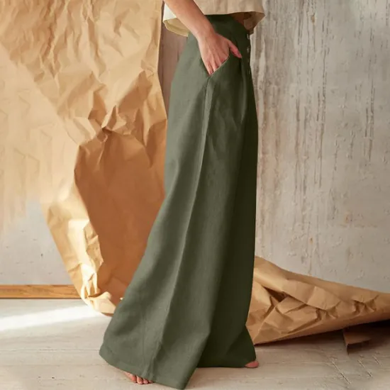 Best Women's Normal Culottes Wide Leg Wide Leg Cotton Linen Pants Fashion Full Length Mid Waist Plain Side Pockets Wide Leg Baggy Comfort Inelastic Casual Weekend Black Green Khaki Summer Spring & Fall Women Pants
