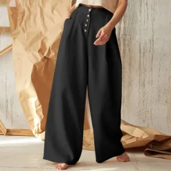 Best Women's Normal Culottes Wide Leg Wide Leg Cotton Linen Pants Fashion Full Length Mid Waist Plain Side Pockets Wide Leg Baggy Comfort Inelastic Casual Weekend Black Green Khaki Summer Spring & Fall Women Pants