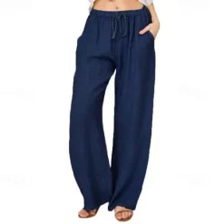 Online Women's Normal Culottes Wide Leg Wide Leg Cotton Linen Pants Fashion Full Length Mid Waist Plain Side Pockets Wide Leg Baggy Comfort Inelastic Casual Weekend Light Blue Black White Wine Loose Fit Women Pants