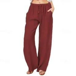 Online Women's Normal Culottes Wide Leg Wide Leg Cotton Linen Pants Fashion Full Length Mid Waist Plain Side Pockets Wide Leg Baggy Comfort Inelastic Casual Weekend Light Blue Black White Wine Loose Fit Women Pants