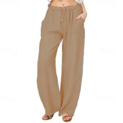 Online Women's Normal Culottes Wide Leg Wide Leg Cotton Linen Pants Fashion Full Length Mid Waist Plain Side Pockets Wide Leg Baggy Comfort Inelastic Casual Weekend Light Blue Black White Wine Loose Fit Women Pants