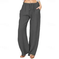 Online Women's Normal Culottes Wide Leg Wide Leg Cotton Linen Pants Fashion Full Length Mid Waist Plain Side Pockets Wide Leg Baggy Comfort Inelastic Casual Weekend Light Blue Black White Wine Loose Fit Women Pants