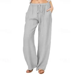 Online Women's Normal Culottes Wide Leg Wide Leg Cotton Linen Pants Fashion Full Length Mid Waist Plain Side Pockets Wide Leg Baggy Comfort Inelastic Casual Weekend Light Blue Black White Wine Loose Fit Women Pants