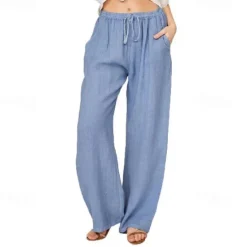 Online Women's Normal Culottes Wide Leg Wide Leg Cotton Linen Pants Fashion Full Length Mid Waist Plain Side Pockets Wide Leg Baggy Comfort Inelastic Casual Weekend Light Blue Black White Wine Loose Fit Women Pants