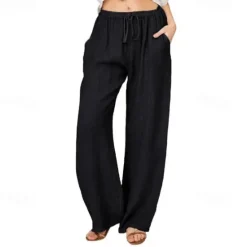 Online Women's Normal Culottes Wide Leg Wide Leg Cotton Linen Pants Fashion Full Length Mid Waist Plain Side Pockets Wide Leg Baggy Comfort Inelastic Casual Weekend Light Blue Black White Wine Loose Fit Women Pants