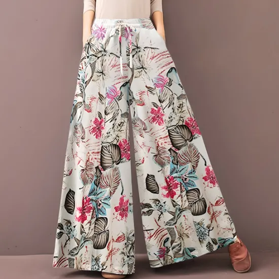 Hot Women's Normal Culottes Wide Leg Wide Leg Pants Trousers Fashion Full Length Mid Waist Flower / Floral Side Pockets Baggy High Cut Comfort Inelastic Casual Weekend Yellow Red Deep Blue Summer Spring Women Pants