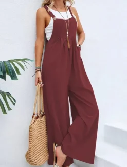 Outlet Women's Normal Dungarees Overall Streetwear Solid Color Sleeveless Square Neck Buttons Pocket Street Daily Regular Fit Black Pink Wine Summer Women Overalls
