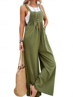 Outlet Women's Normal Dungarees Overall Streetwear Solid Color Sleeveless Square Neck Buttons Pocket Street Daily Regular Fit Black Pink Wine Summer Women Overalls