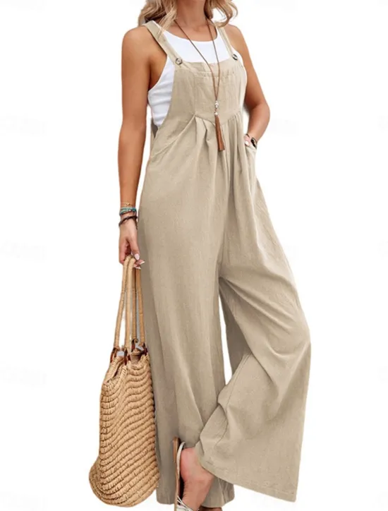 Outlet Women's Normal Dungarees Overall Streetwear Solid Color Sleeveless Square Neck Buttons Pocket Street Daily Regular Fit Black Pink Wine Summer Women Overalls