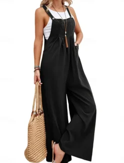 Outlet Women's Normal Dungarees Overall Streetwear Solid Color Sleeveless Square Neck Buttons Pocket Street Daily Regular Fit Black Pink Wine Summer Women Overalls