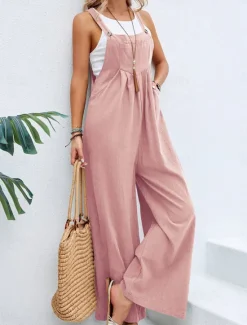 Outlet Women's Normal Dungarees Overall Streetwear Solid Color Sleeveless Square Neck Buttons Pocket Street Daily Regular Fit Black Pink Wine Summer Women Overalls