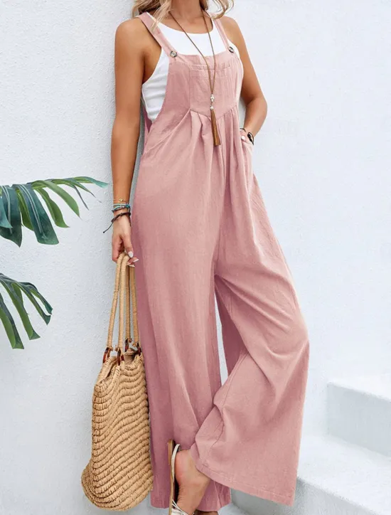 Outlet Women's Normal Dungarees Overall Streetwear Solid Color Sleeveless Square Neck Buttons Pocket Street Daily Regular Fit Black Pink Wine Summer Women Overalls