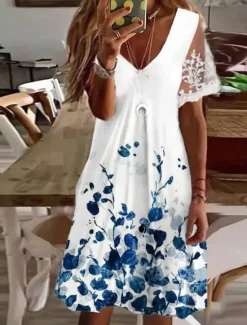 New Women's Normal EU / US Size Midi Dress Long Sleeve Boho Dress Sundress Elegant Dress Elegant Bohemia Tropical Lace Sleeve Party Daily Date Loose Fit Floral Marble Short Sleeve V Neck Light Pink White Women Floral Dresses|Spring Dresses