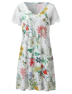 New Women's Normal EU / US Size Midi Dress Long Sleeve Boho Dress Sundress Elegant Dress Elegant Bohemia Tropical Lace Sleeve Party Daily Date Loose Fit Floral Marble Short Sleeve V Neck Light Pink White Women Floral Dresses|Spring Dresses