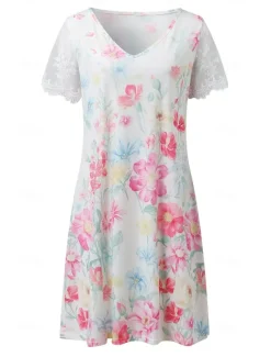 New Women's Normal EU / US Size Midi Dress Long Sleeve Boho Dress Sundress Elegant Dress Elegant Bohemia Tropical Lace Sleeve Party Daily Date Loose Fit Floral Marble Short Sleeve V Neck Light Pink White Women Floral Dresses|Spring Dresses