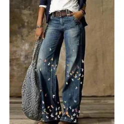 Sale Women's Normal Jeans Flared Pants Bell Bottom 3D Print Full Length Mid Waist Flower / Floral Side Pockets Wide Leg Print Comfort High Elasticity Casual 2 4 6 Summer Spring & Fall Loose Fit Women Pants