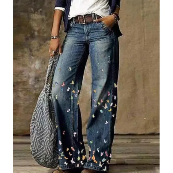 Sale Women's Normal Jeans Flared Pants Bell Bottom 3D Print Full Length Mid Waist Flower / Floral Side Pockets Wide Leg Print Comfort High Elasticity Casual 2 4 6 Summer Spring & Fall Loose Fit Women Pants