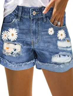 Women's Normal Jeans Streetwear Casual Daily Short Medium Waist Graphic Zipper Pocket Quick Dry Breathability Micro-elastic Outdoor Office / Career White Blue Summer Regular Fit Women Jeans|Shorts