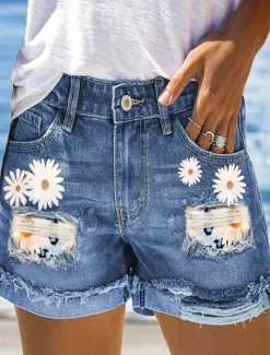 Women's Normal Jeans Streetwear Casual Daily Short Medium Waist Graphic Zipper Pocket Quick Dry Breathability Micro-elastic Outdoor Office / Career White Blue Summer Regular Fit Women Jeans|Shorts