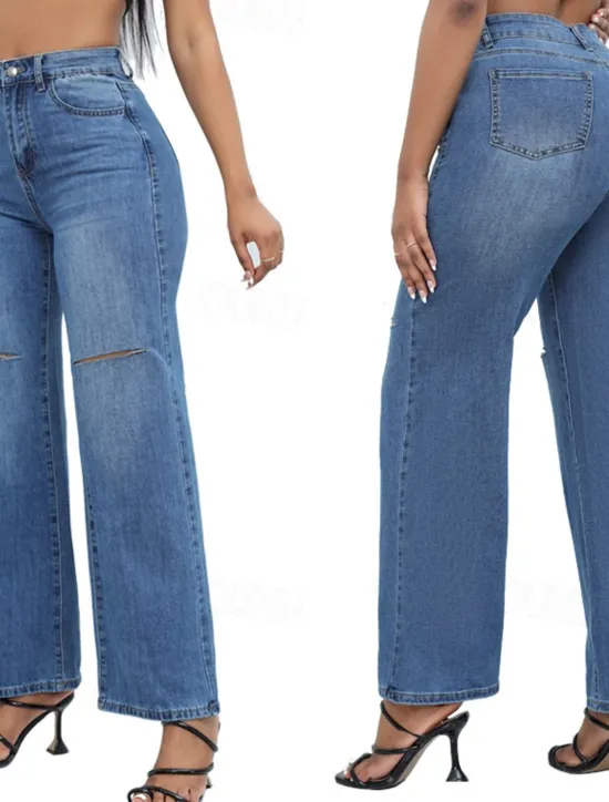 Sale Women's Normal Jeans Streetwear Stylish Full Length High Waist Solid Color Pocket Comfy Breathability Soft Micro-elastic Street Daily Light Blue Dark Blue Spring & Fall Loose Fit Women Pants