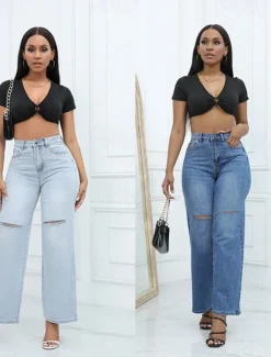 Sale Women's Normal Jeans Streetwear Stylish Full Length High Waist Solid Color Pocket Comfy Breathability Soft Micro-elastic Street Daily Light Blue Dark Blue Spring & Fall Loose Fit Women Pants