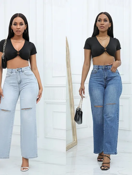 Sale Women's Normal Jeans Streetwear Stylish Full Length High Waist Solid Color Pocket Comfy Breathability Soft Micro-elastic Street Daily Light Blue Dark Blue Spring & Fall Loose Fit Women Pants