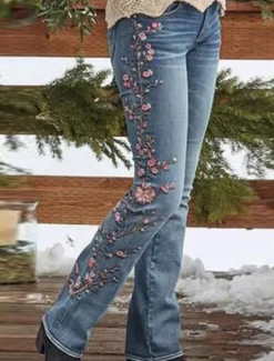 Sale Women's Normal Jeans Stylish Retro Vintage Full Length High Waist Floral Pocket Comfy Breathable Micro-elastic Outdoor Street Spring & Fall Regular Fit Women Pants