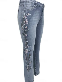 Sale Women's Normal Jeans Stylish Retro Vintage Full Length High Waist Floral Pocket Comfy Breathable Micro-elastic Outdoor Street Spring & Fall Regular Fit Women Pants