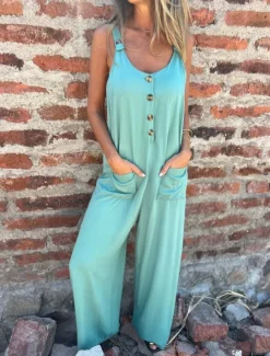 Online Women's Normal Jumpsuit Active Solid Color Sleeveless U Neck Buttons Pocket Vacation Daily Regular Fit Black White Blue Summer Women Jumpsuits