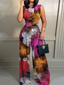 Sale Women's Normal Jumpsuit Active Floral Sleeveless Wide Leg Round Neck High Waist Print Vacation Daily Regular Fit Pink Navy Blue Blue Summer Women Jumpsuits|Graphic Jumpsuit