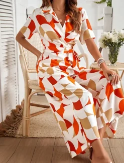 Women's Normal Jumpsuit Active Geometric Short Sleeve Wide Leg Shirt Collar Lace up High Waist Vacation Daily Regular Fit Black Red Green Summer Women Graphic Jumpsuit